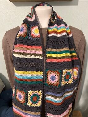 Crochet Scarf - Dark Gray Base with colorful granny squares stripes and fringe